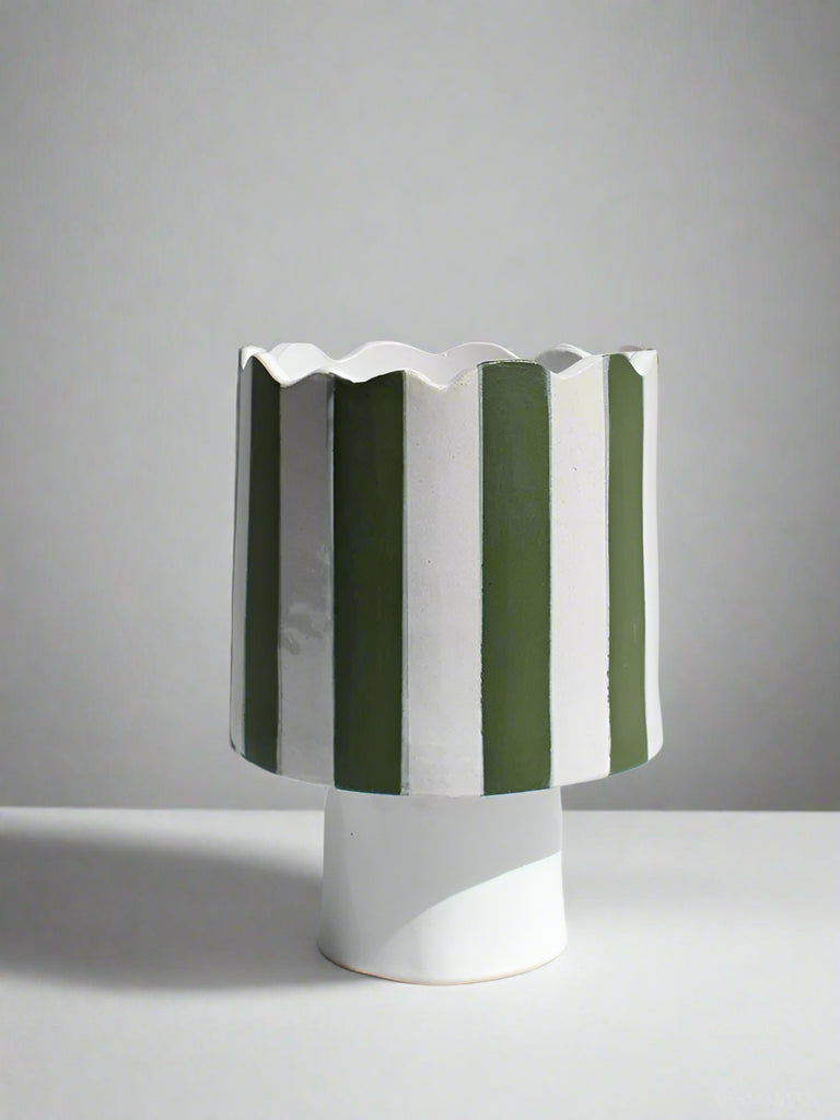 Olive Green and White Striped Planter/ Vessel