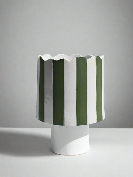 Olive Green and White Striped Planter/ Vessel