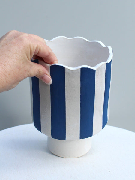 Cobalt Blue and White Striped Planter/ Vessel