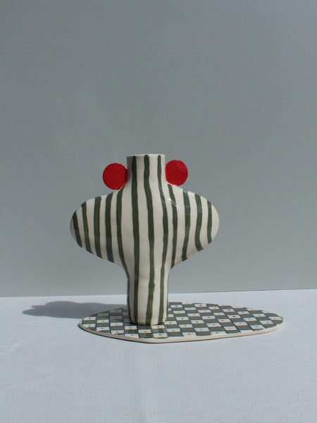 Olive Green striped vessel with red handles with a patterned tray