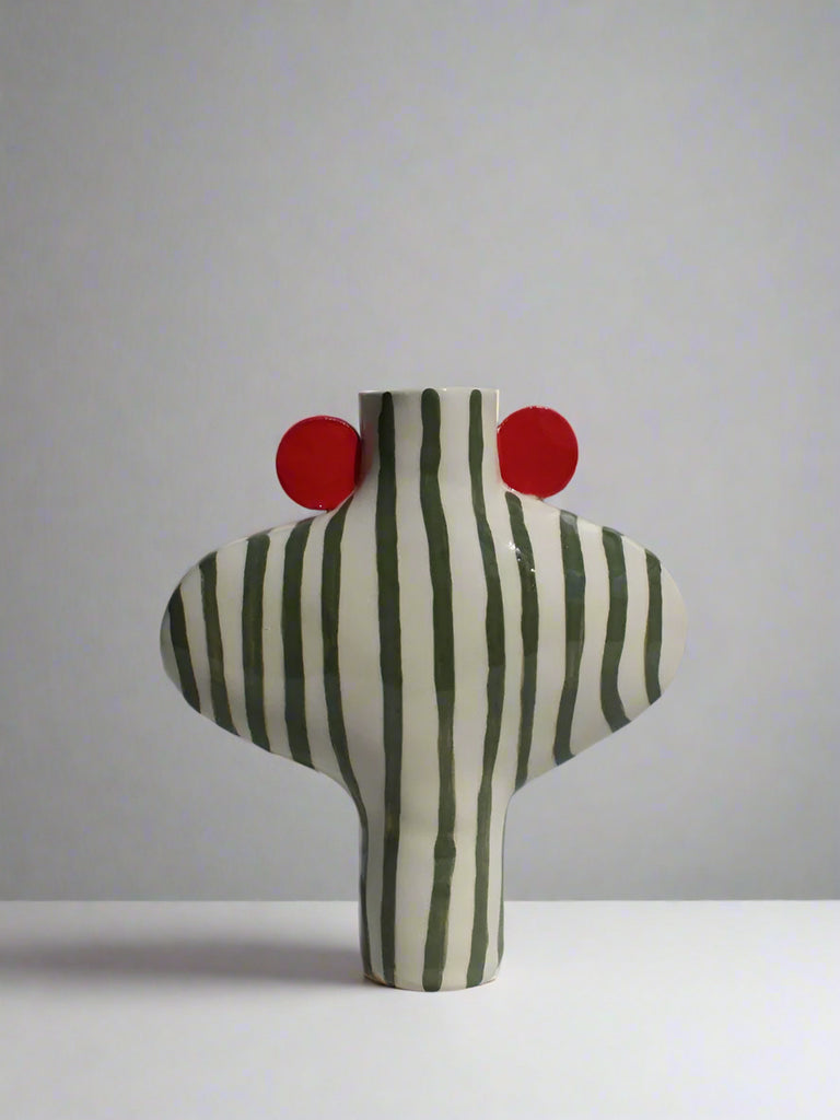 Olive Green Striped Vessel with Red Handles