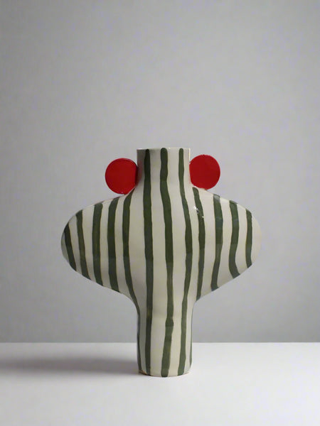 Olive Green Striped Vessel with Red Handles