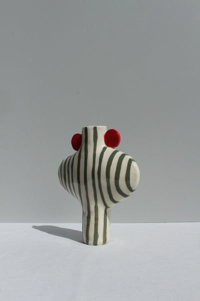 Olive Green striped vessel with red handles, side view