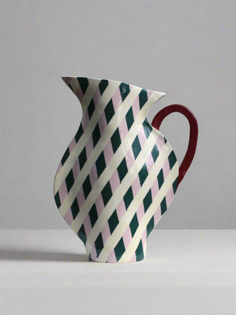 Lilac and dark green geometric ceramic jug front