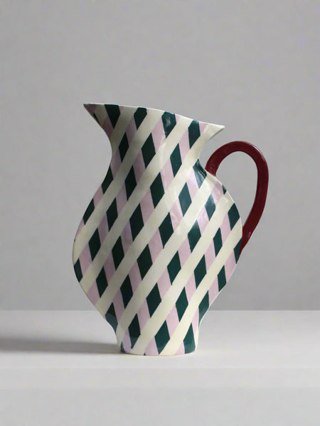 Lilac and dark green geometric ceramic jug front