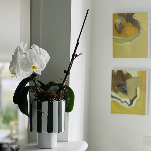 Olive green and white striped vessel or planter by formantics