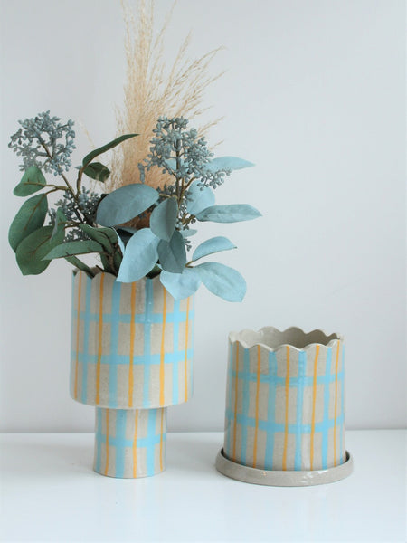 SECOND - Scalloped Pedestal Planter in Blue and Mustard (without drainage hole)