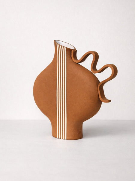 Terracotta Striped Vase with a Wiggle Handle