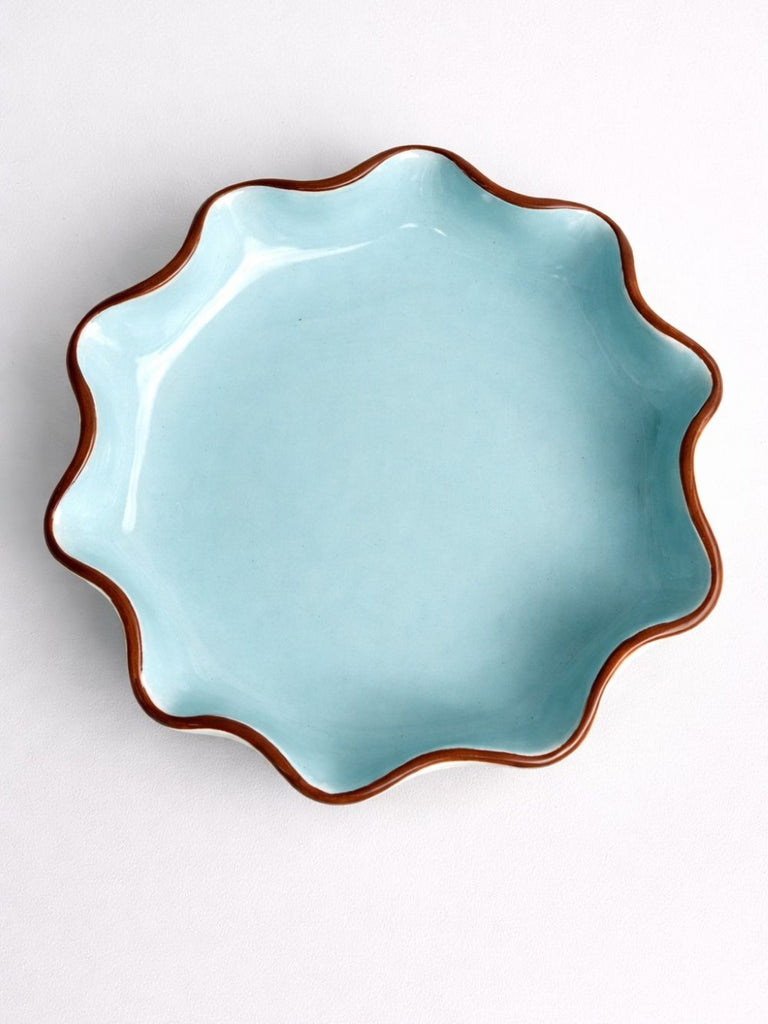 Light Blue Ruffle Bowl with a Dark Brown Rim