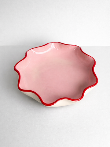 Pink Ruffle Bowl with a Red Rim