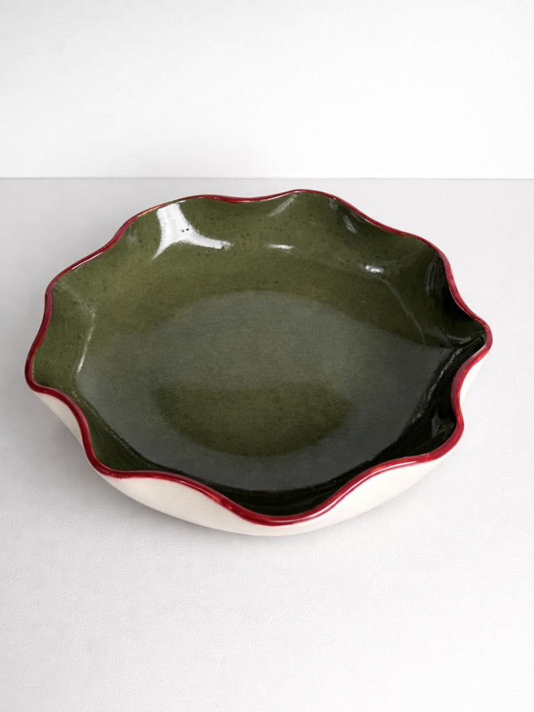 Olive Green Bowl with a Burgundy Rim