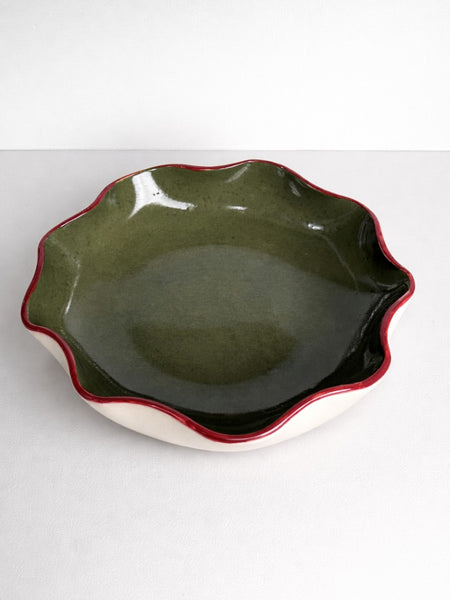 Olive Green Bowl with a Burgundy Rim