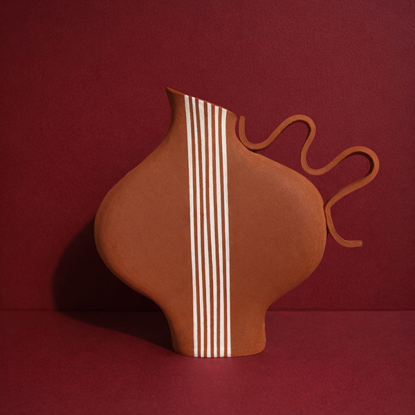 Terracotta Striped Vase with a Wiggle Handle