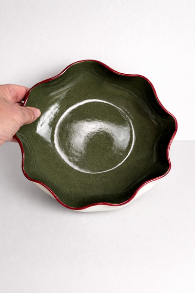 Olive Green Bowl with a Burgundy Rim