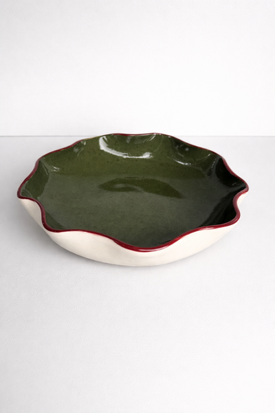 Olive Green Bowl with a Burgundy Rim