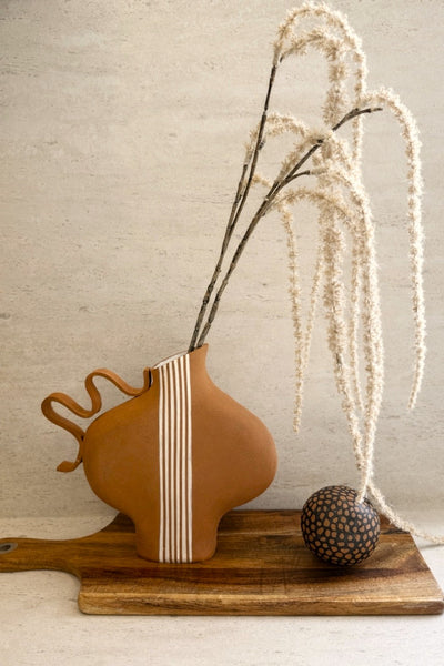 Terracotta Striped Vase with a Wiggle Handle