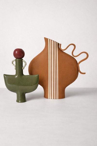 Terracotta Striped Vase with a Wiggle Handle