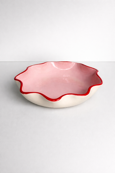 Pink Ruffle Bowl with a Red Rim