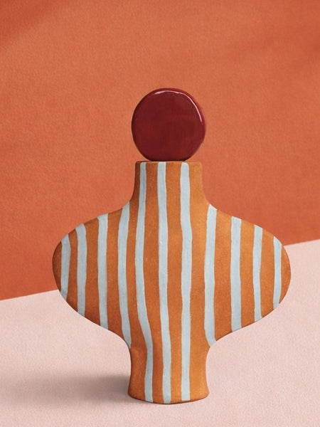 Blue Striped Terracotta Vessel with a Burgundy Stopper