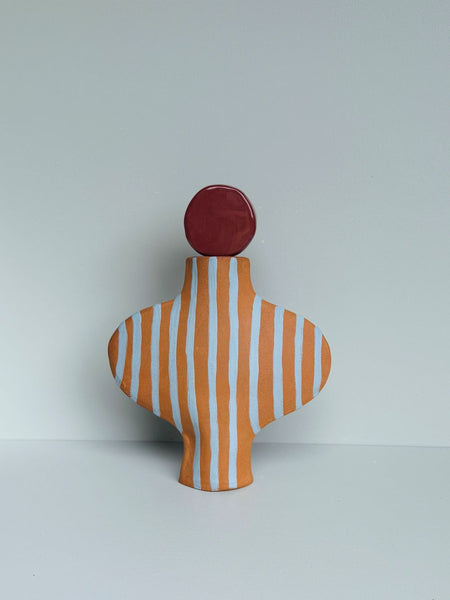 Blue Striped Terracotta Vessel with a Burgundy Stopper