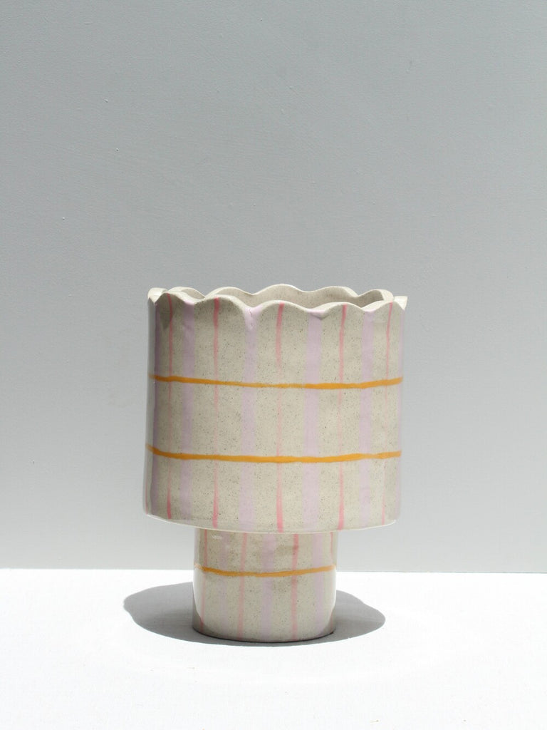 SECOND - Scalloped Pedestal Planter in Lilac, Pink and Mustard. without drainage hole)