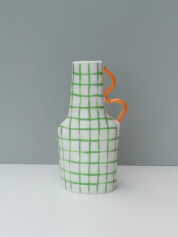 Green Grid Vessel with Orange Handle