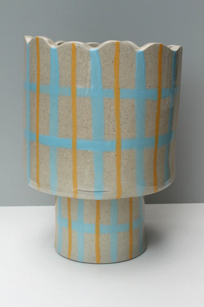 Scalloped Pedestal Planter in Blue and Mustard