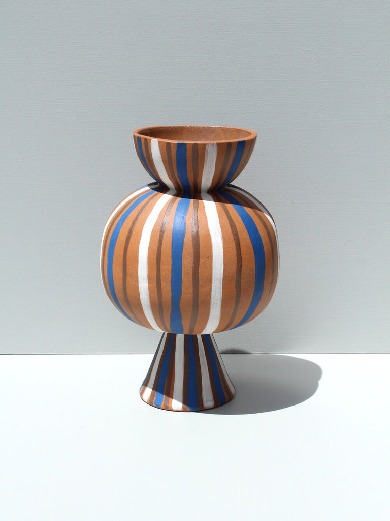 Chubby Blue and White striped terracotta vase