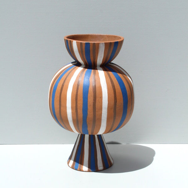 Chubby Blue and White striped terracotta vase