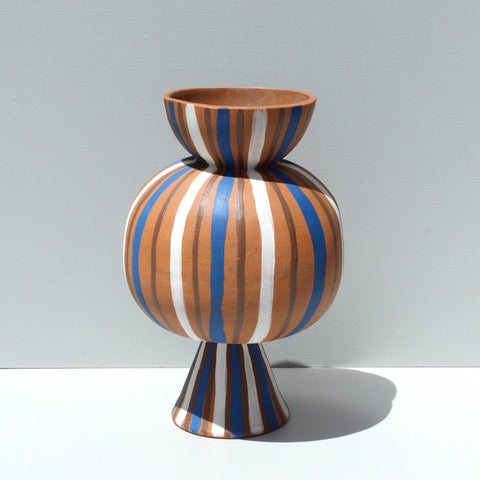 END OF LINE 40% off Chubby Blue and White Striped Terracotta vase