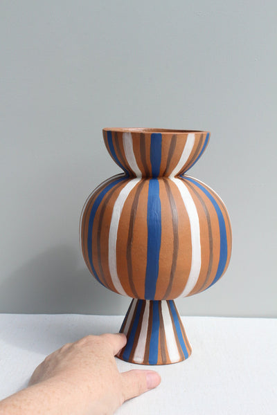 Chubby Blue and White striped terracotta vase