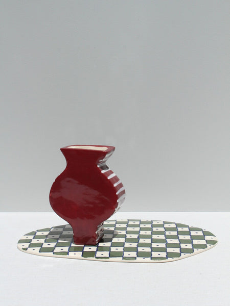 Small Burgundy Vessel with white Stripes