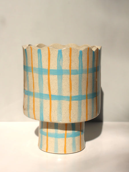 SECOND 70% off  Scalloped Pedestal Planter in Blue and Mustard