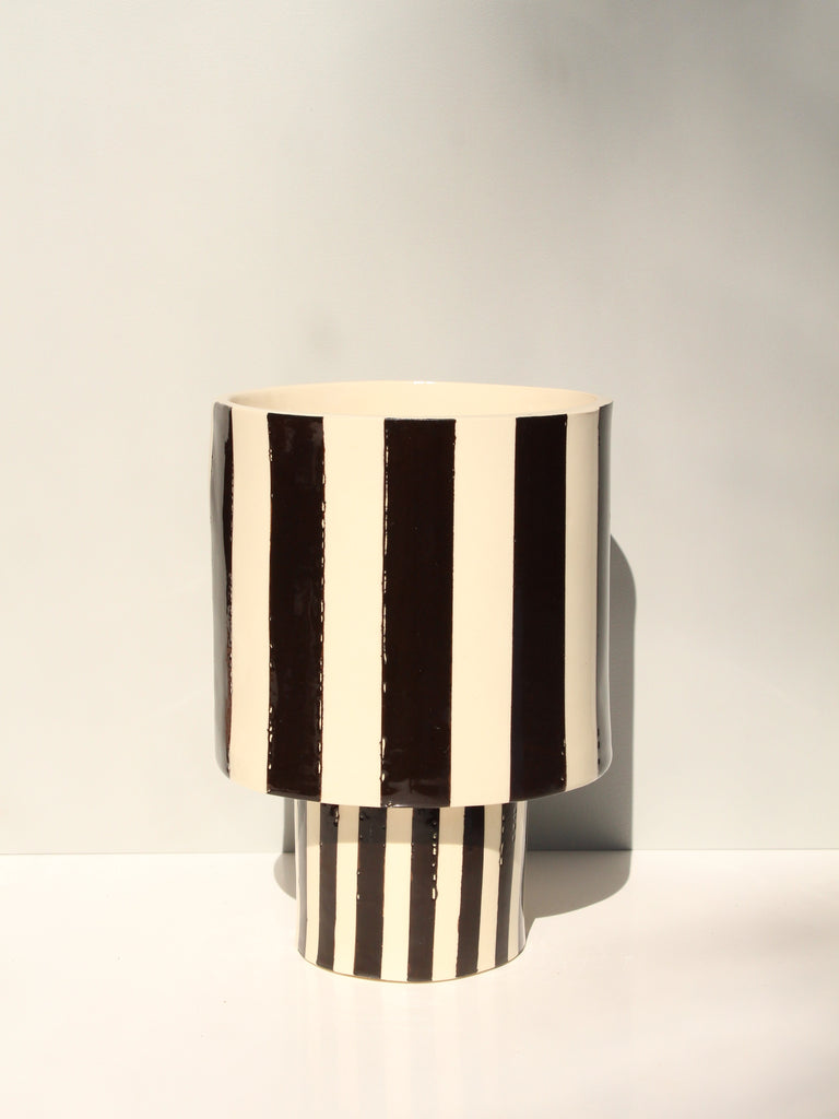 SECOND 60% off  Black and White striped Pedestal Planter