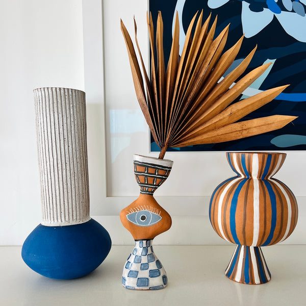 Chubby Blue and White striped terracotta vase