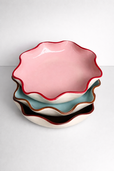 Light Blue Ruffle Bowl with a Dark Brown Rim