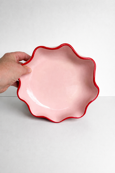 Pink Ruffle Bowl with a Red Rim