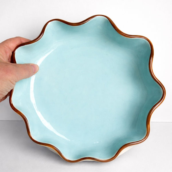 Light Blue Ruffle Bowl with a Dark Brown Rim