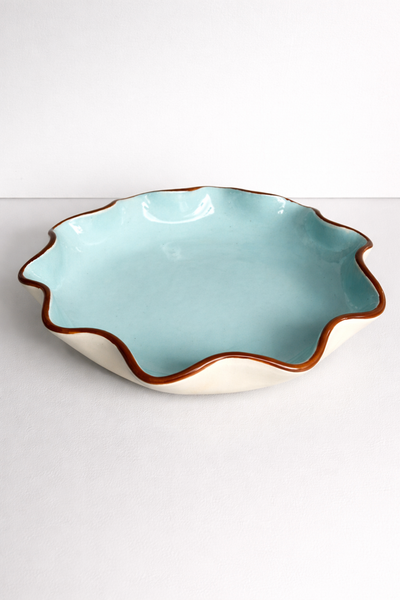 Light Blue Ruffle Bowl with a Dark Brown Rim