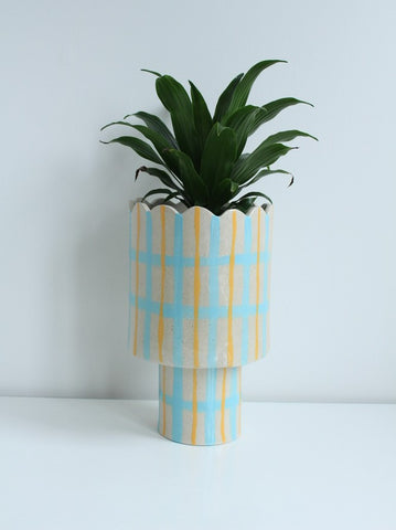 SECOND 50% off  Scalloped Pedestal Planter in Blue and Mustard