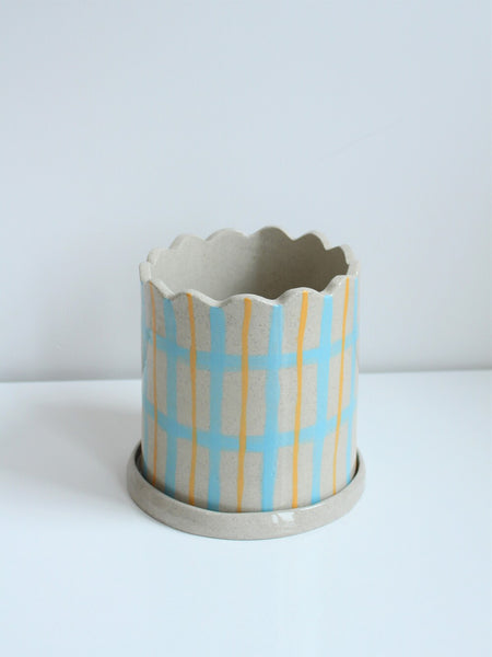 Scalloped Planter with Tray in Blue and Mustard