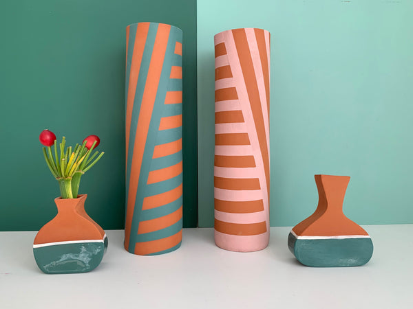 Green and Terracotta Striped Vessel