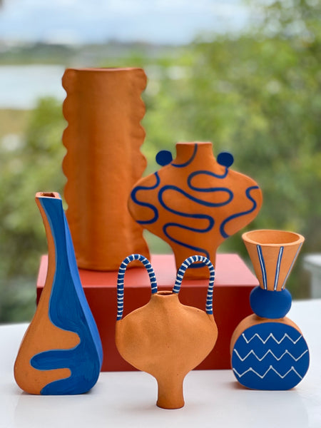 Hand Drawn Vessel in Terracotta and Blue